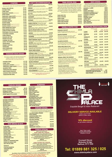 The Shimla Palace Staffords Full Menu Online