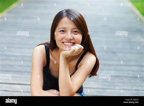 One Young Happy Chinese Woman Outdoor Stock Photo Alamy