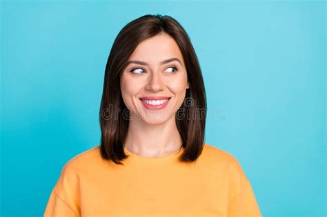 Portrait Of Optimistic Satisfied Cute Woman With Bob Hairstyle Dressed