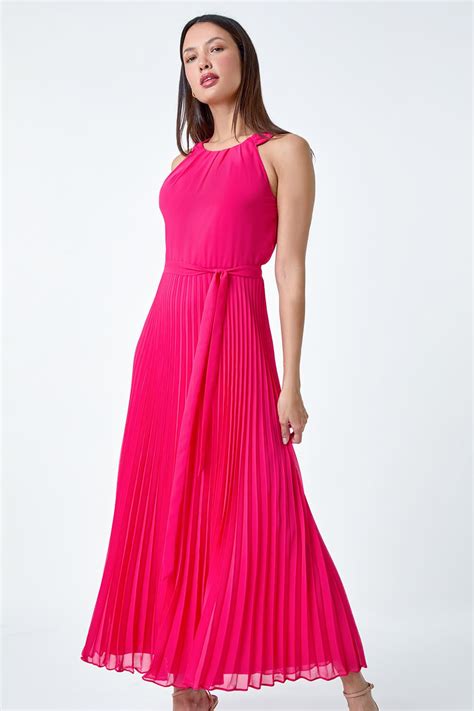 Cerise Pleated Halter Neck Maxi Dress Roman UK