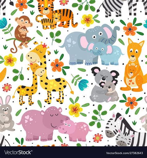 Seamless Pattern With Cute Animals Mother And Baby