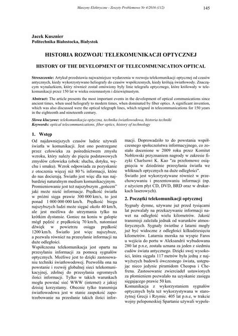 PDF HISTORIA ROZWOJU TELEKOMUNIKACJI OPTYCZNEJ Dumas Hrabia Monte