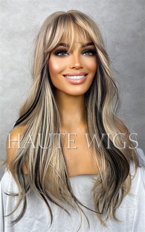 24 Inch Long Sexy Blonde Wig W Black Highlights Lowlights Womens Hair Haute Wigs