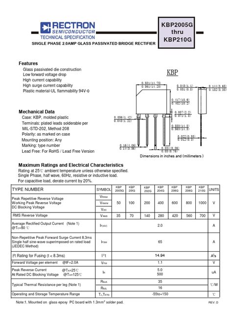 KBP206G Datasheet 2 0A GLASS PASSIVATED SINGLE PHASE BRIDGE RECTIFIER