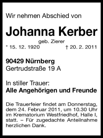 Traueranzeigen Von Johanna Kerber Trauer Nn De