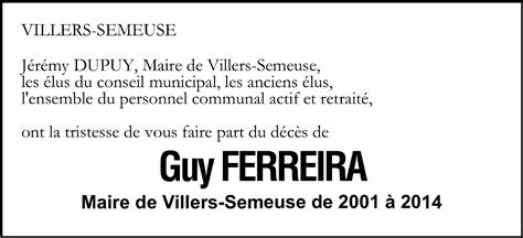 Décès de GUY FERREIRA Maire de Villers Semeuse de 2001 à 2014