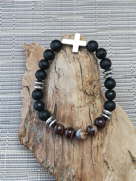 Mens Cross Bracelet Mens Black Onyx Mens Black Bracelet Etsy Mens