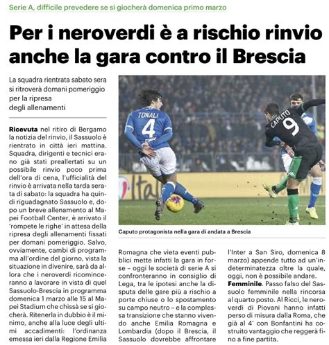 Sassuolo Resto Del Carlino Per I Neroverdi A Rischio Rinvio