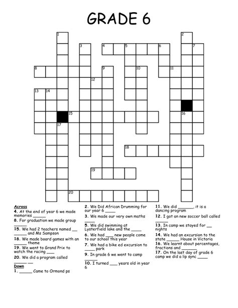 Crossword Puzzles For Grade 5 With Answers