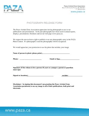 Fillable Online Paza Photograph Release Form Pazaca Fax Email Print