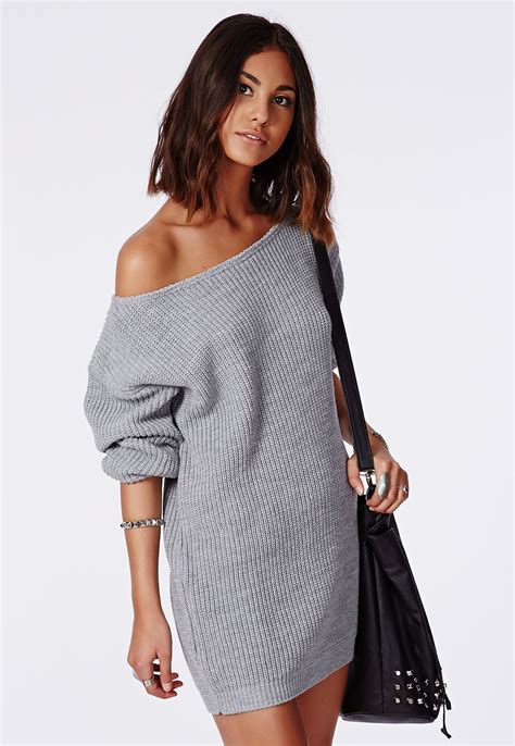 Missguided Off Shoulder Knitted Sweater Dress Grey Knitted Jumper