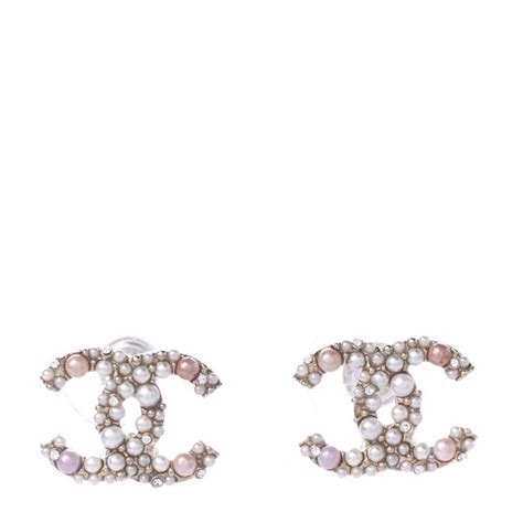 CHANEL Pearl Crystal CC Charms Stud Earrings Light Gold Pink 598698