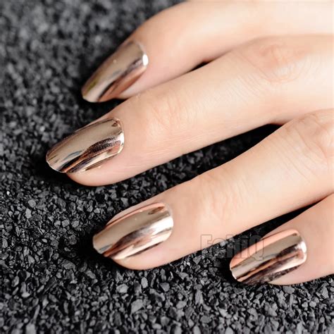 Metallic Mirror False Nails Fashion Champagne Acrylic Nails Full Cover