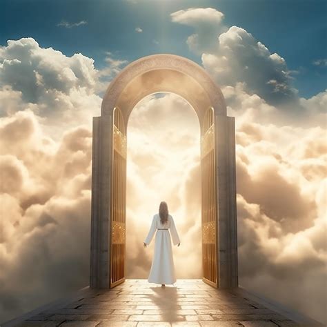 Jesus Stands At The Beautiful Gates Of Heaven Watching The World Amid Abstract Lights Premium