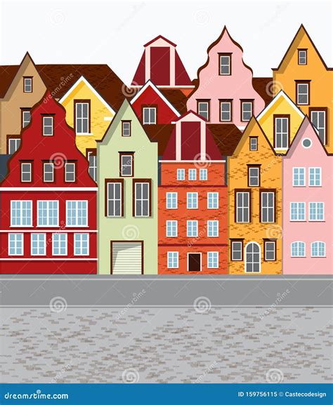 Old Retro Town With Colorful Buildings Stock Vector Illustration Of