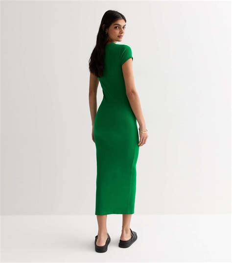 Green Ribbed Short Sleeve Midi Dress New Look