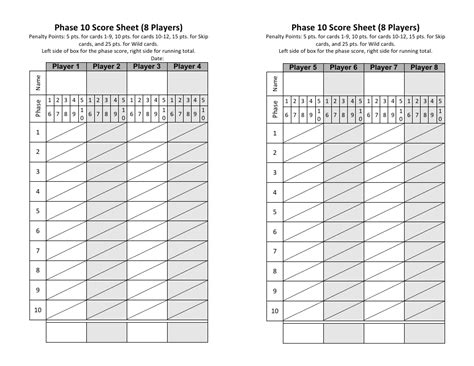 Printable Pdf Printable Phase 10 Score Sheet