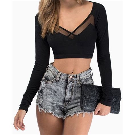 Sexy V Neck Long Sleeve Mesh Splicing Crop Top For Women 10 Liked On