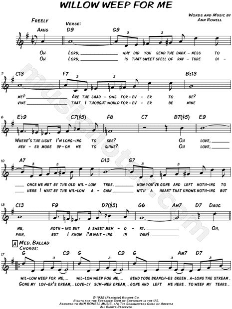 Ann Ronell Willow Weep For Me Sheet Music Leadsheet In G Major Download And Print Sku