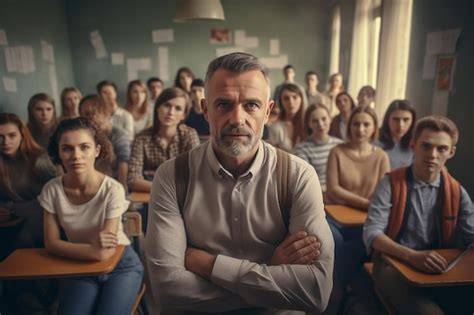 Premium AI Image Seasoned Tutor Mature Teacher Engaging Students In Rows Generative Ai