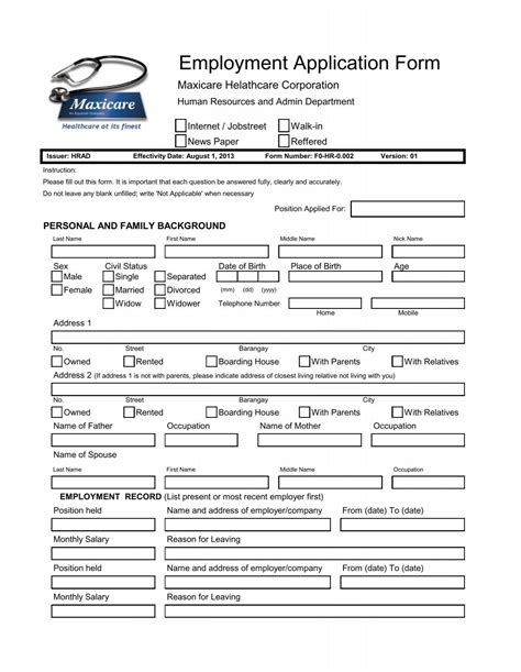 Employment Application Form Maxicare