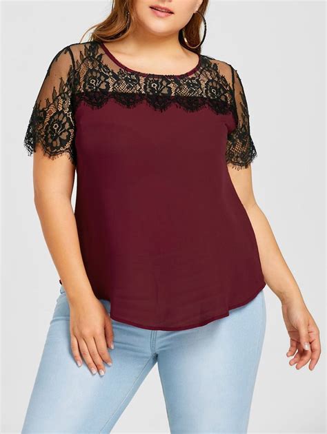 Plus Size Lace Panel Sheer Blouse Curved Blouse Lace Tops Plus Size Blouses