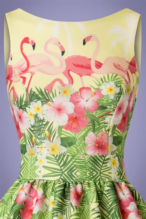 50s Tea Flamingo Swing Dress In Light Yellow