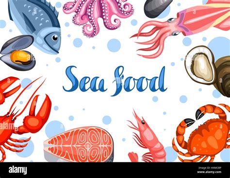 Background With Various Seafood Illustration Of Fish Shellfish And