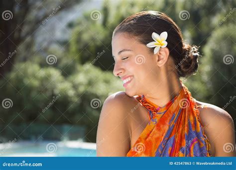 Brunette In Sarong Smiling By The Pool Stock Image Image Of Pretty
