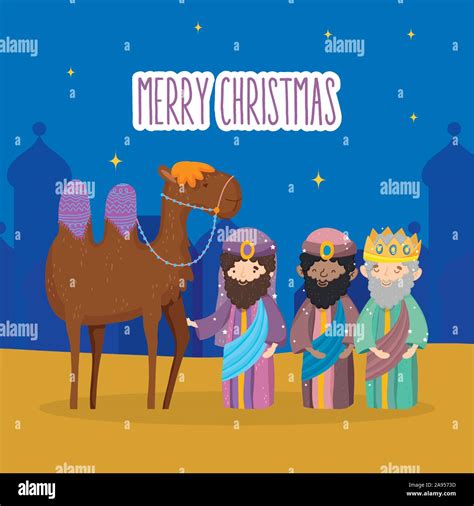 Three Wise Kings And Camel Manger Nativity Merry Christmas Vector Illustration Stock Vector