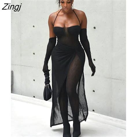 Zingj Mesh See Through Jumpsuits Asymmetrical Skirt Black Piece Set