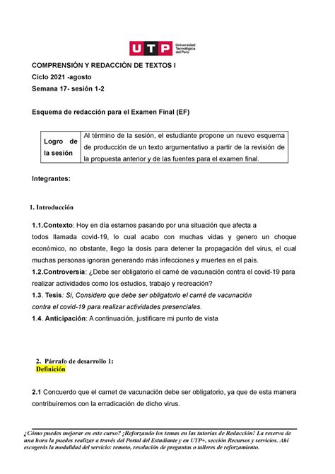 S17 s1 s2 Esquema para EF COMPRENSIÓN Y REDACCIÓN DE TEXTOS I Ciclo