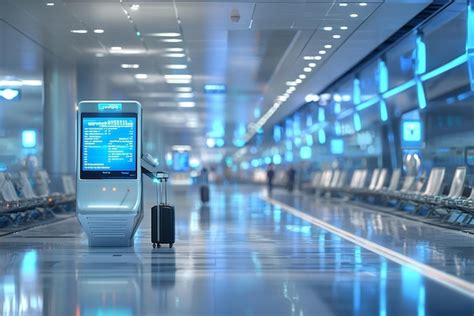 Futuristic Airport Terminal With Virtual Checkin And Digital Interfaces