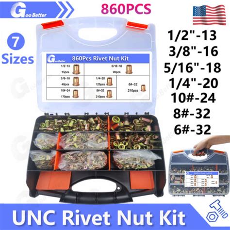 860pcs Rivet Nut Kit Unc Rivnut Nutsert Assortment 6 32 8 32 10 14 516 Ebay