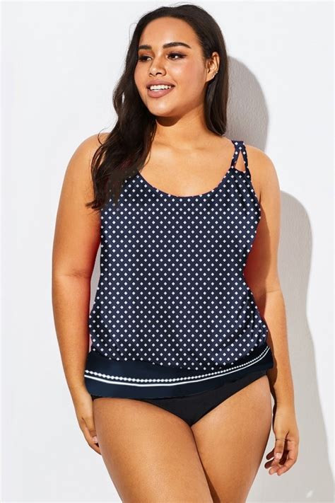 Navy Polka Dots Side Tie Blouson Tankini Top Meet Curve Meet Curve