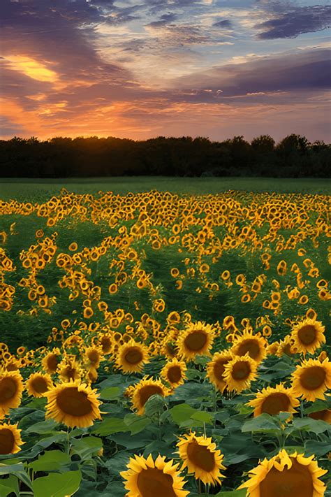 Create a Lush Bright Sunflower Field at Sunset · Creative Fabrica