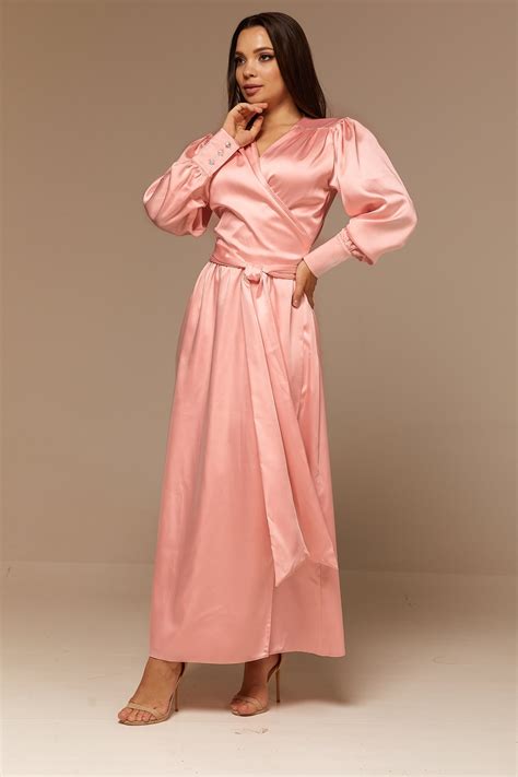 Pink Satin Maxi Full Wrap Dress With Long Sleeves Bridesmaid Etsy