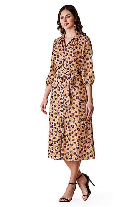 Shop Floral Print Crepe Sash Tie Shirtdress Eshakti