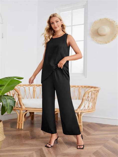 Emery Rose Asymmetrical Hem Sleeveless Top Wide Leg Pants Shein Usa