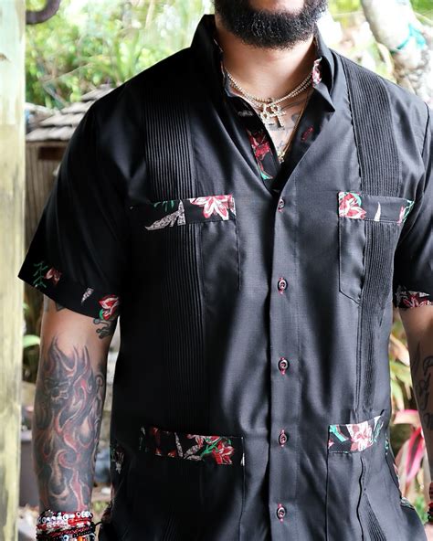 Y A Bera Clothing Mens Guayabera Shirt Black And Hawaii Accent