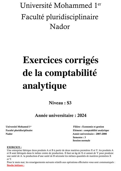 Solution Exercices Corriges De La Comptabilit Analytique Studypool