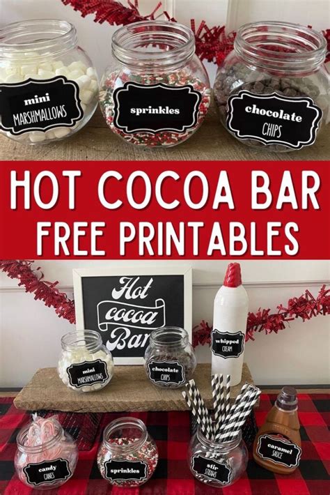 hot cocoa bar with free printables on the table and in mason jar jars