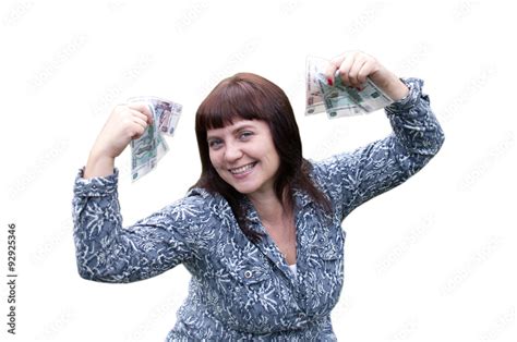 Деловая девушка на белом фоне держит деньги в двух руках Stock Photo ...