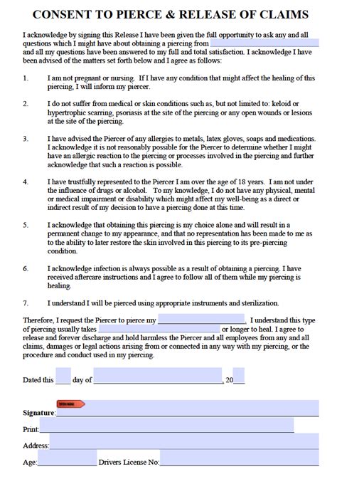 Free Body Piercing Consent Form For Adults And Minors Pdf Word