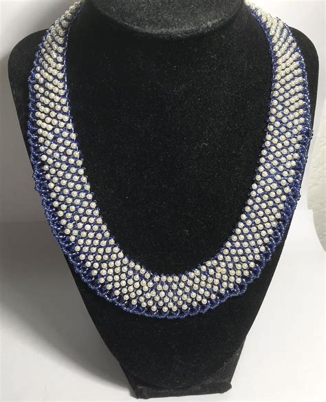 97 Glass Seed Beads Bib Choker Handmade Necklace 9 White Blue Pearl Toggle Lock Etsy