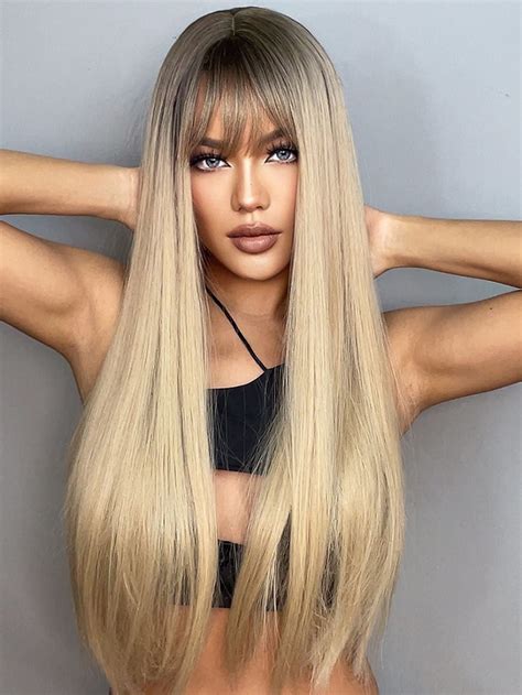 Ombre Long Straight Synthetic Wig With Bangs Synthetic Wigs Real