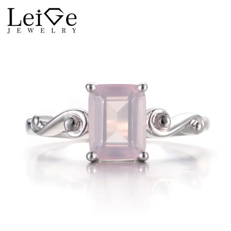 Leige Jewelry Natural Pink Quartz Rings Anniversary Rings Emerald Cut