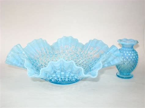 Fenton Large 11 Blue Opalescent Hobnail Ruffled Double Etsy Hobnail Glassware Hobnail Glass