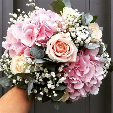 Pink Hydrangea Sweet Avalanche Roses Eucalyptus And Gypsophila Bridal