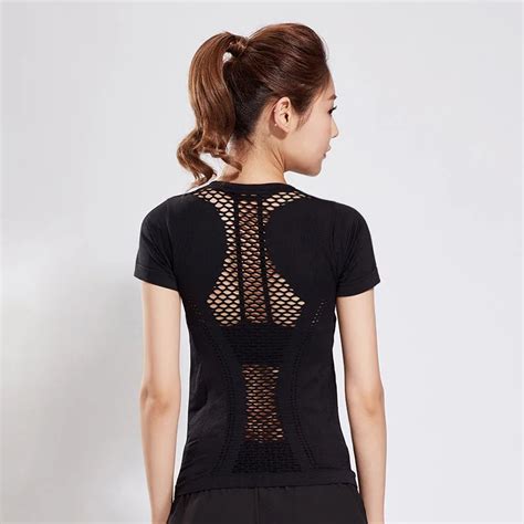 Summer Sexy Mesh Backless Black Fitness T Shirts Women Gymming Sporting Clothing Tops Quick Dry